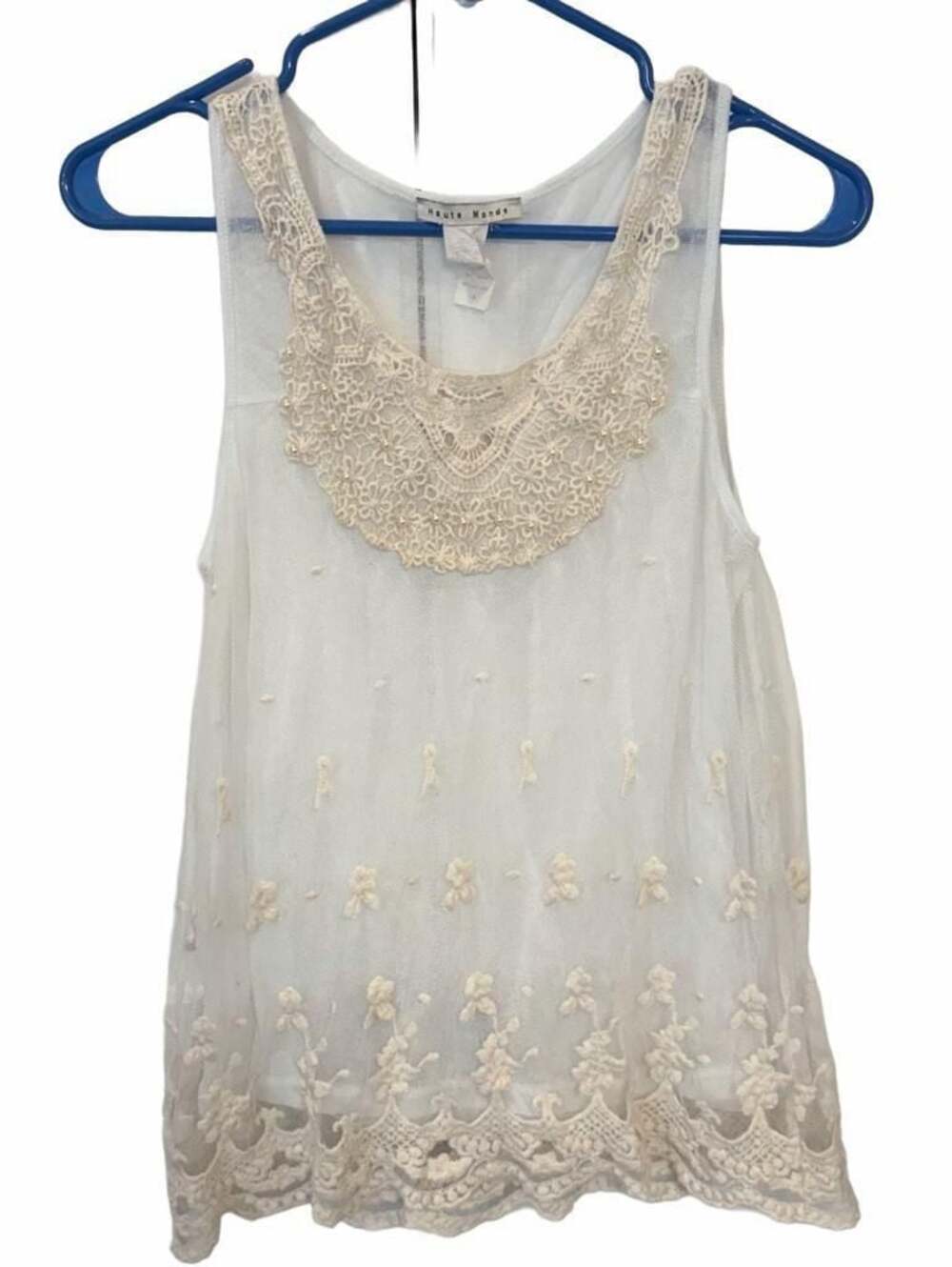Haute Monde Ivory Lace Mesh Tank Top Boho Cottagecore Sheer Embroidered Floral